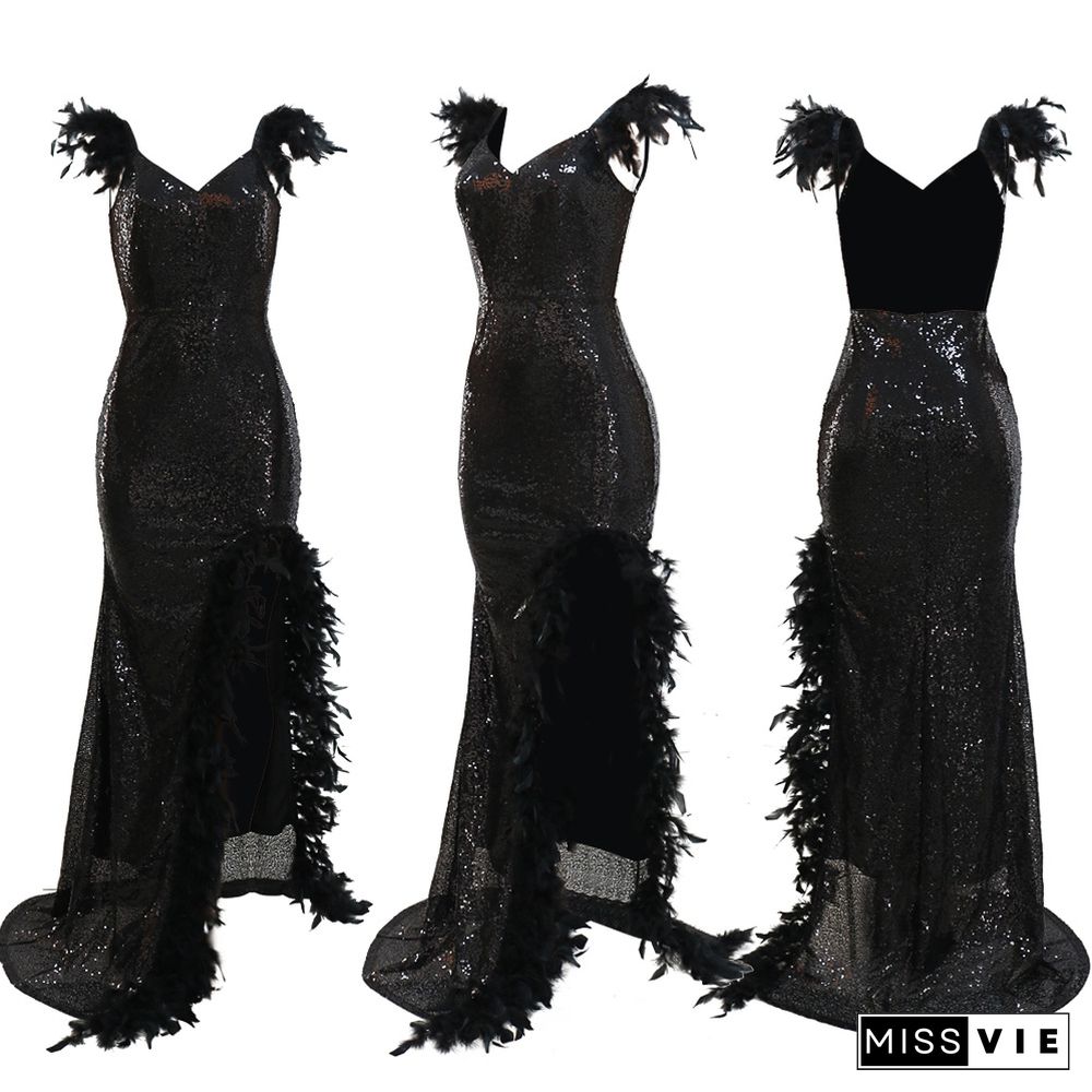 Sexy V-neck Feather Camisole High Slit Sequined Backless Dress