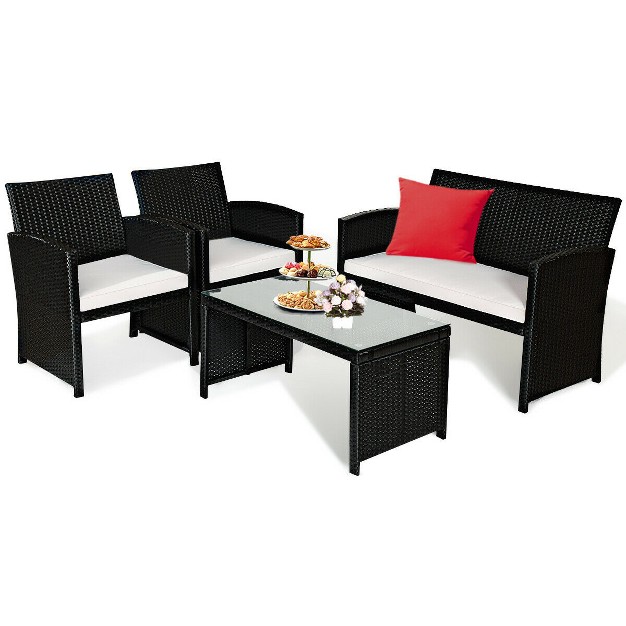 Costway 4pcs Patio Rattan Furniture Conversation Set Cushioned Sofa Coffee Table Garden Black