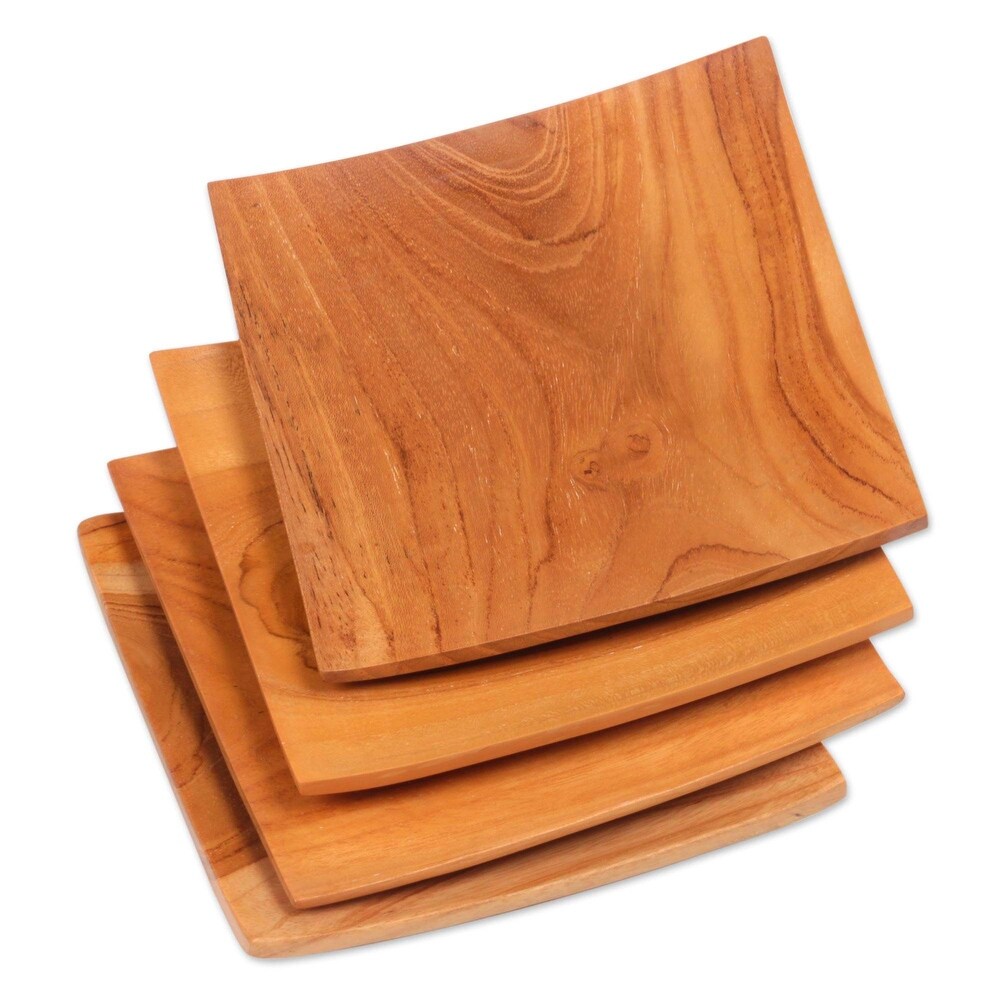 NOVICA Teakwood plates  'Fine Meal' (set of 4)