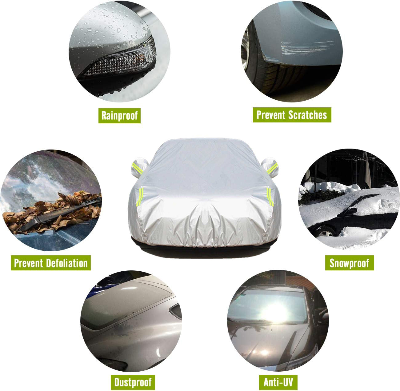 6 Layers Car Cover Waterproof All Weather for Auto， Outdoor Full Cover Rain Sun UV Protection with Zipper， Universal Fit for Sedan Length 193'' to 208''(Silver)