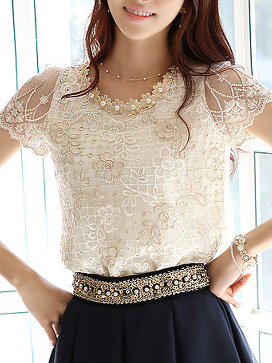 Spring Summer  Lace  Women  Round Neck  Decorative Lace  Lace  Short Sleeve Blouses