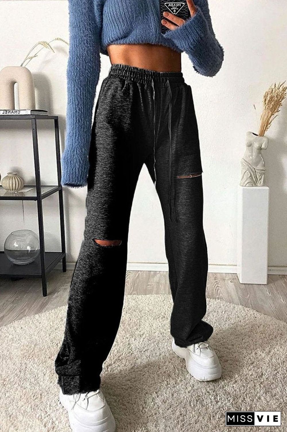 Solid Color Hole Drawstring Waist Pants