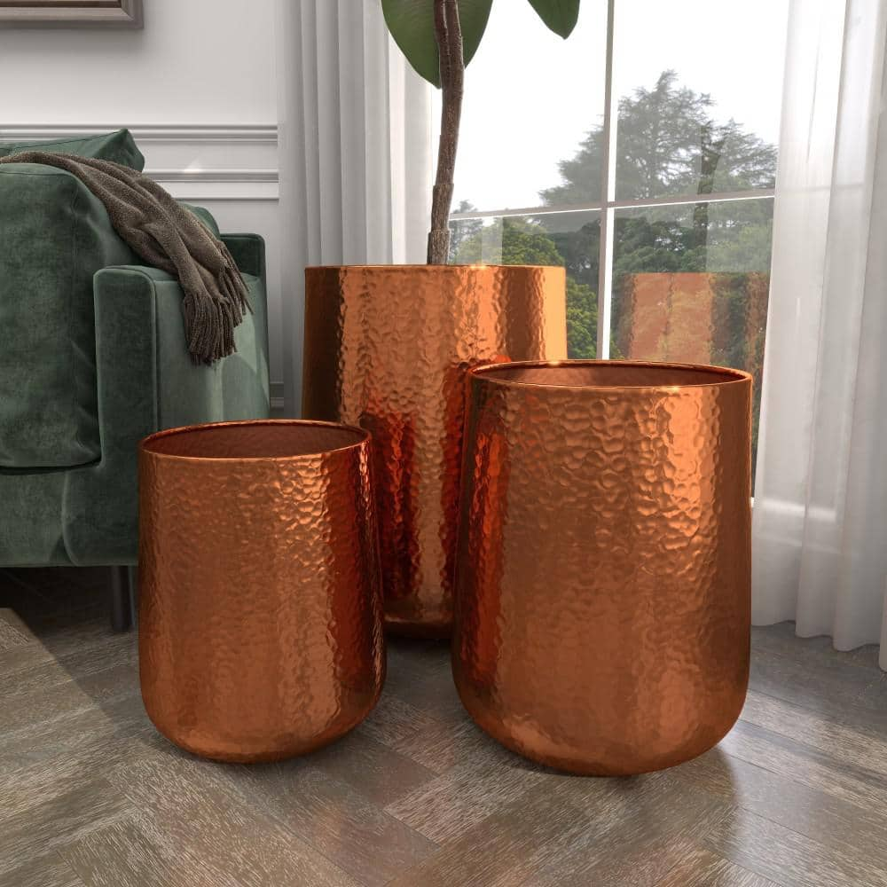 Litton Lane 13in. Medium Copper Aluminum Indoor Outdoor Planter with Hammered Details (3- Pack) 49684