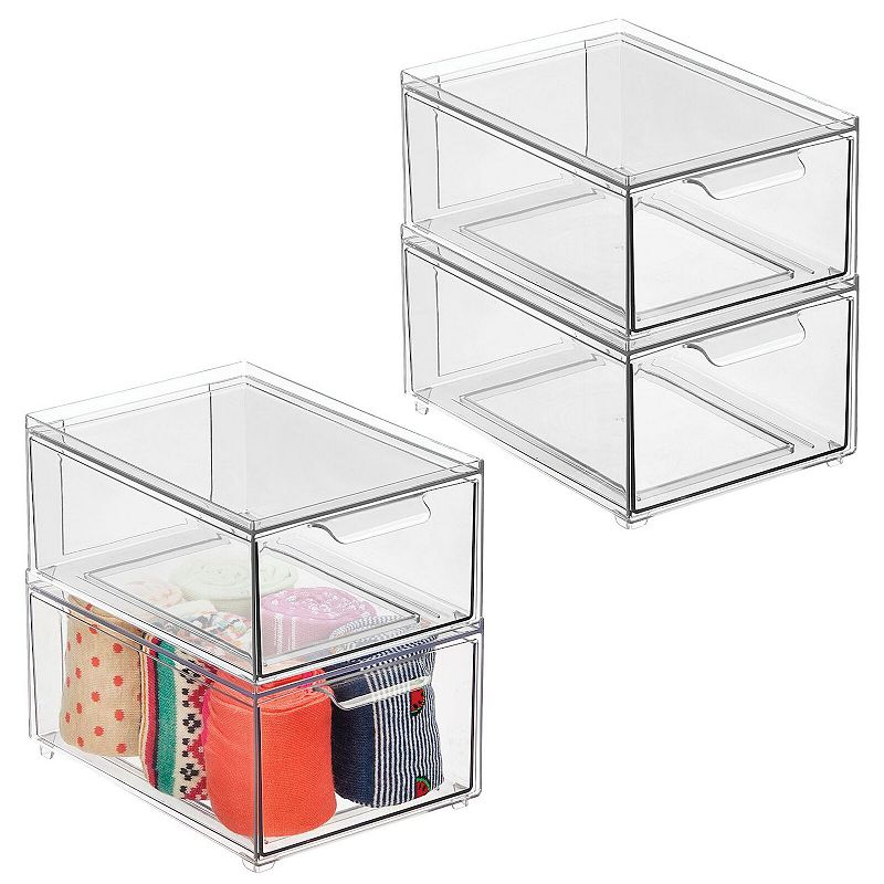 mDesign Clarity 8 x 6 x 4 Plastic Stackable Closet Storage Organizer with Drawer - 4 Pack