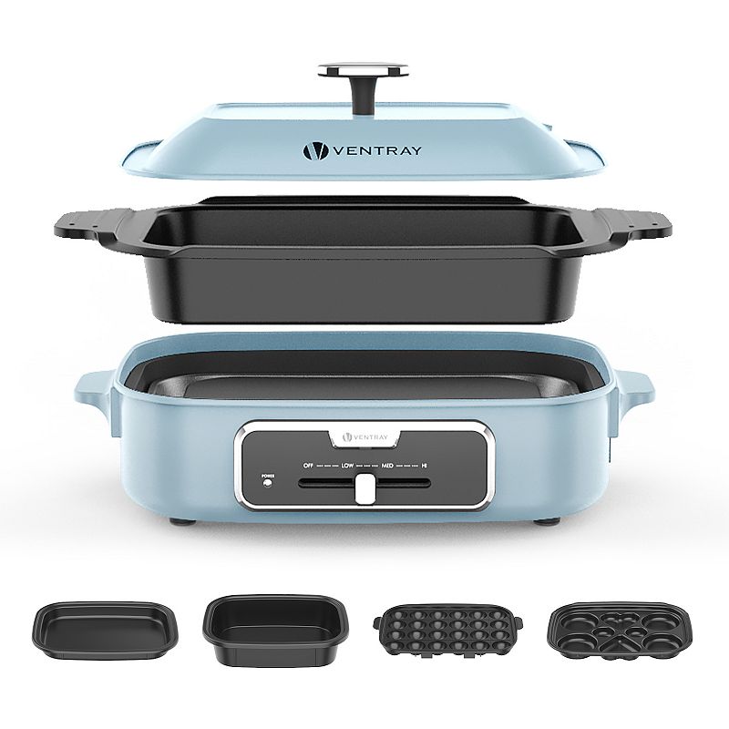 Indoor Electric Grill Appliance Griddle Party， Electric Skillets Set with 5 Interchangeable Nonstick Plates - Blue