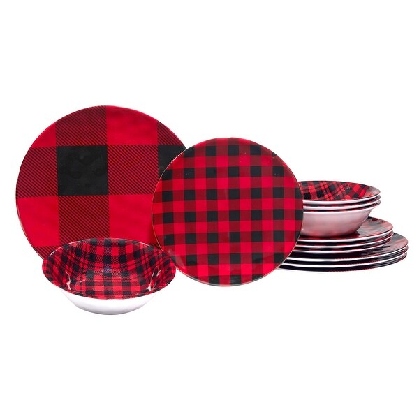 Certified International Red Buffalo Plaid Melamine 12 Piece Dinnerware Set，Service for 4