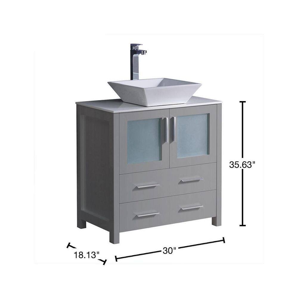 Fresca Torino 30 in. Bath Vanity in Gray with Glass Stone Vanity Top in White with White Vessel Sink FCB6230GR-CWH-V