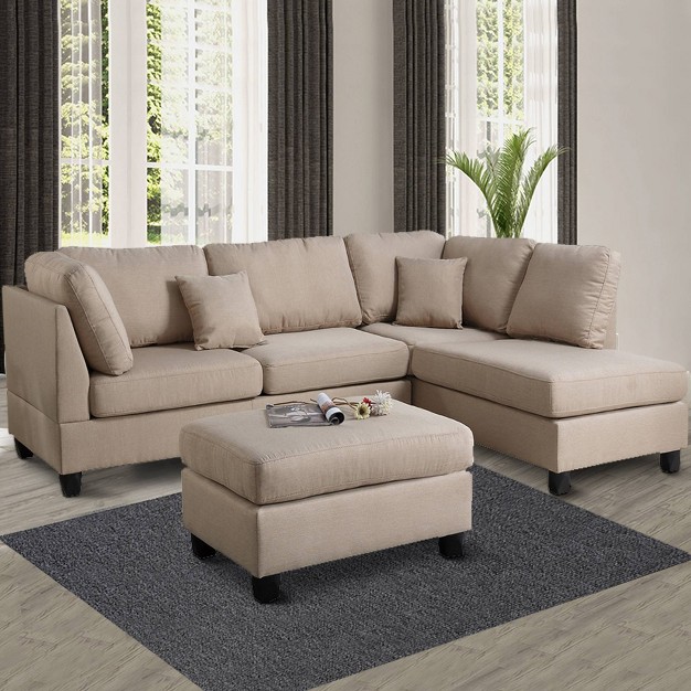 3pc Linen Fabric Sectional Beige Benzara