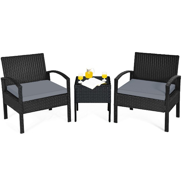 Tangkula 3 Pieces Patio Set Outdoor Wicker Rattan Furniture W Cushions Gray