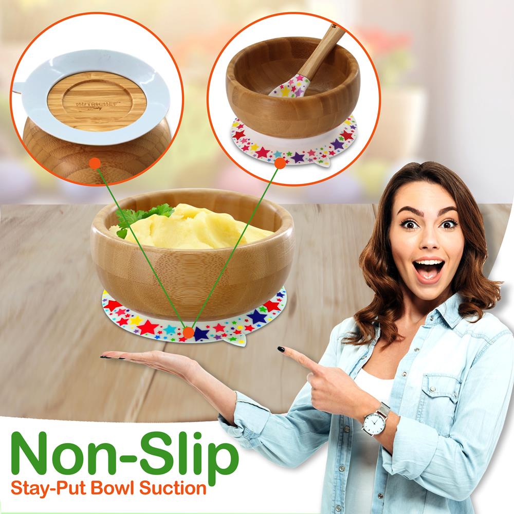 NutriChef Bamboo Baby Feeding Bowl - Wooden Infant Toddler Dish and Spoon Set w/ Silicone Suction Base for Stay Put Eating， BPA-Free， Hypoallergenic， For Children Aged 4-72 Months (Stars