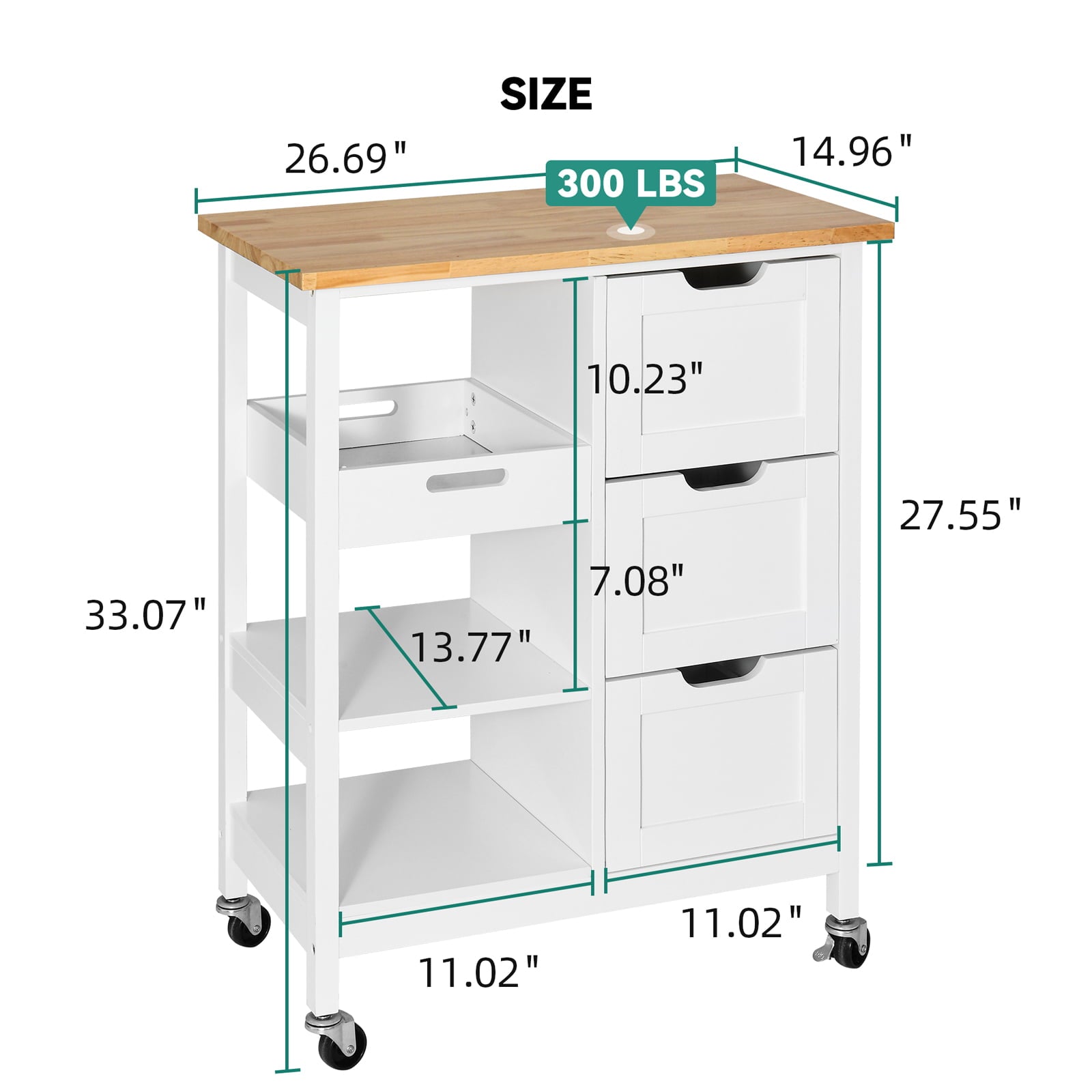 YITAHOME Mobile Rolling Kitchen Island Cart with Cabinet and Drawers and Towel Bar with 3 Drawers and 3 Storage Shelves， Solid Wood，White