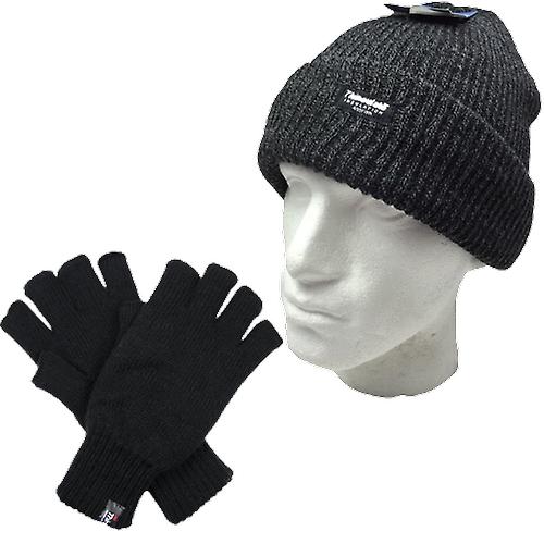 2Pcs winter set men  3m thinsulate beanie hat + knitted fingerless gloves snow