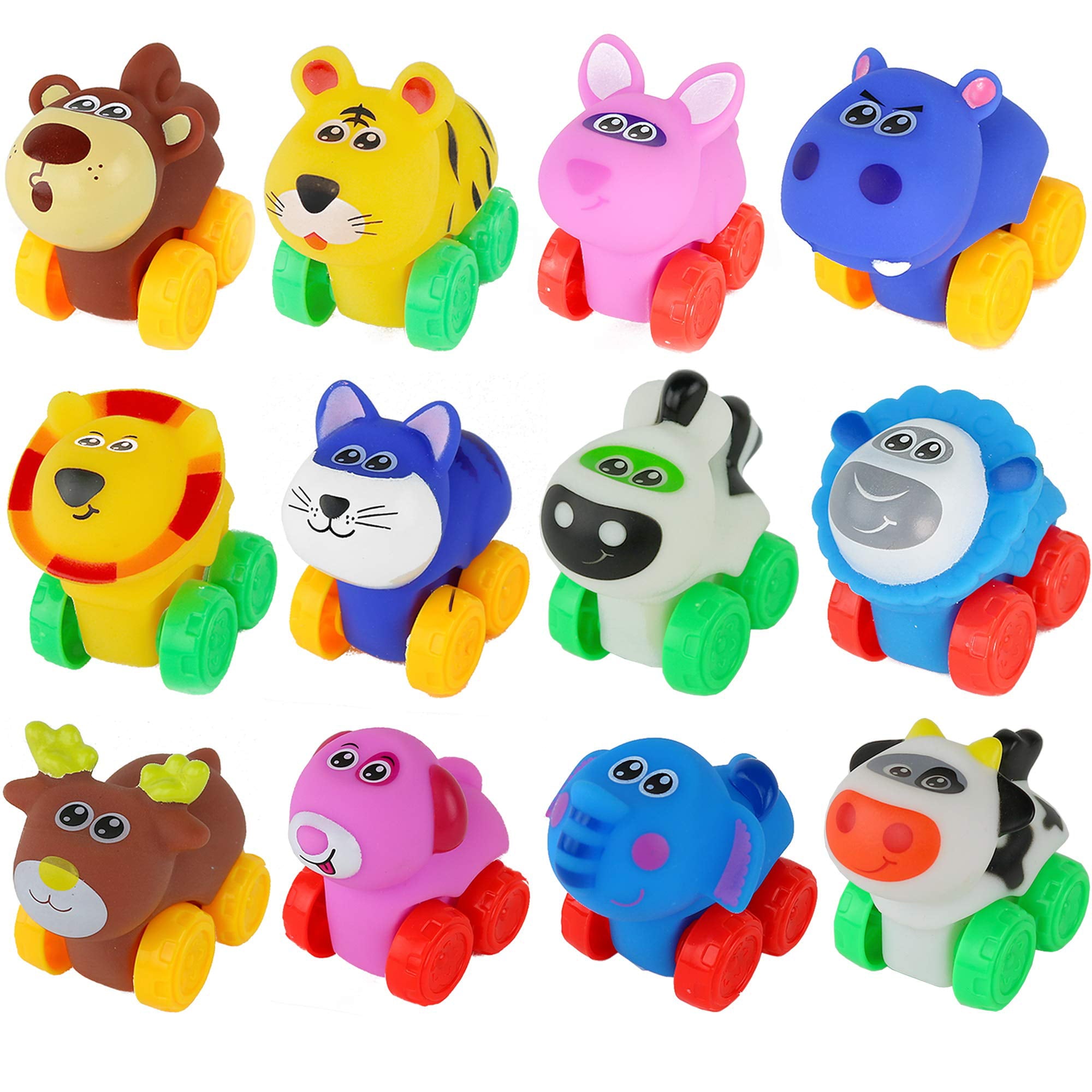 Big Mo's Toys Animal Cars - Soft Rubber Cartoon Animal Push Toy Vehicles for Babies and Toddlers - Pack of 12