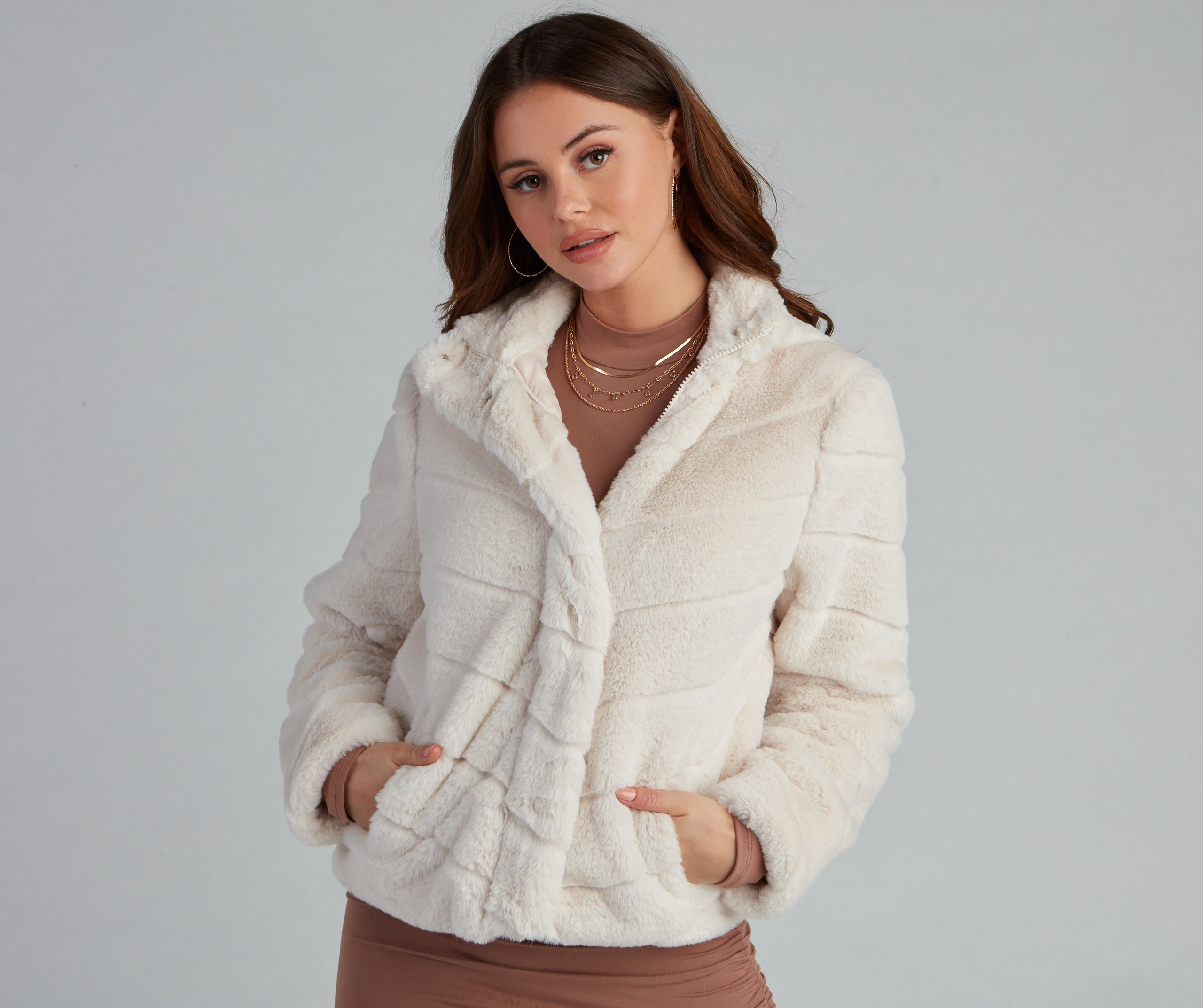 Trendy Illusion Stripe Faux Fur Jacket