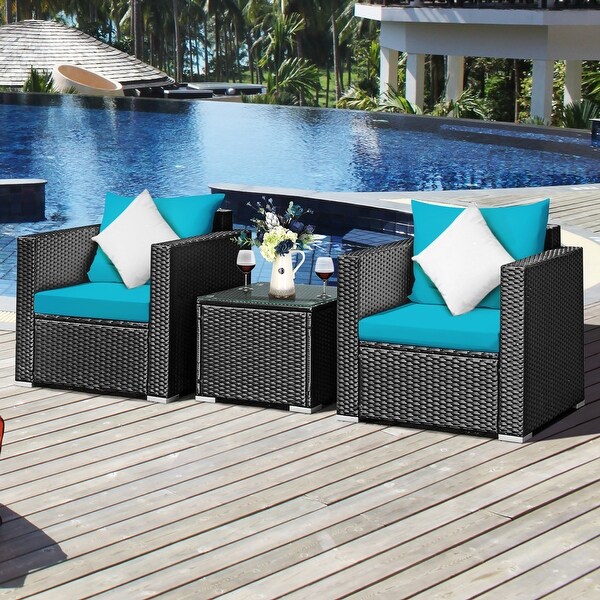 Costway 3PCS Patio Rattan Wicker Furniture Set Sofa Table W/Cushion