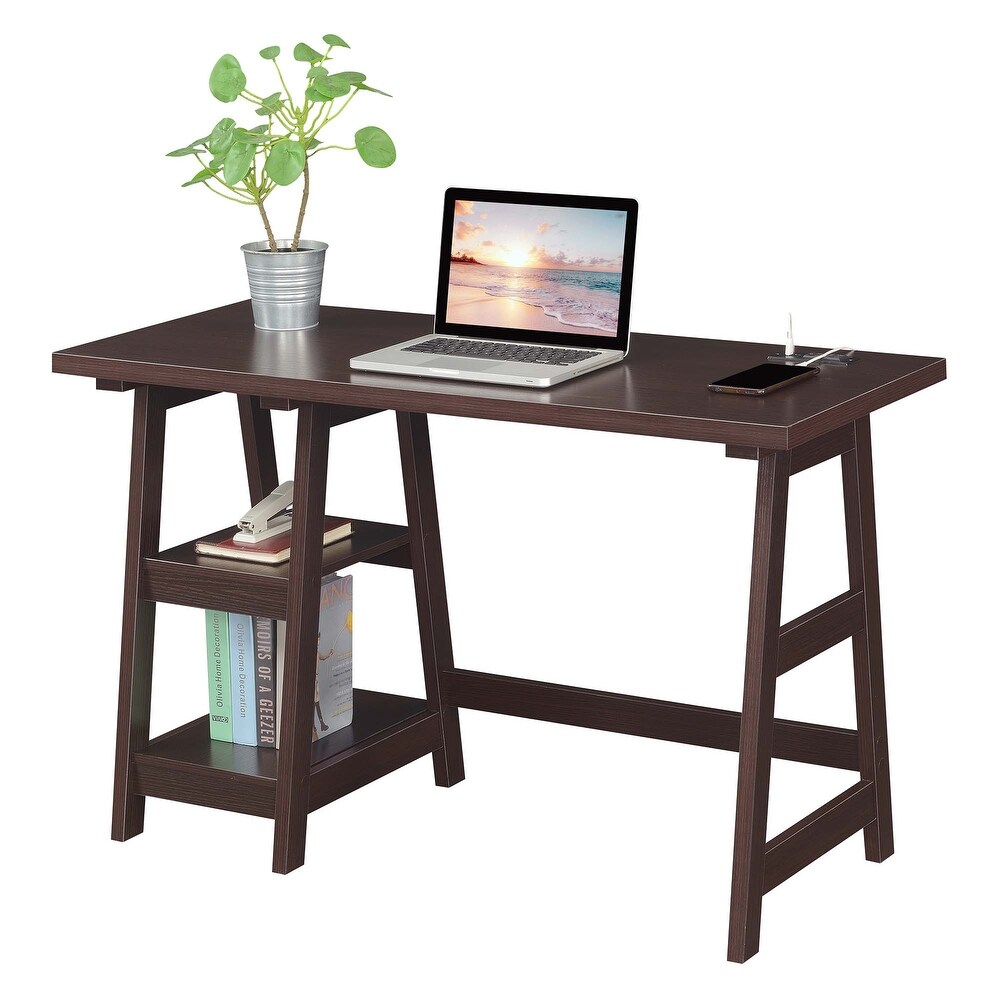 Convenience Concepts Designs2Go Trestle Desk with Charging Station and Shelves