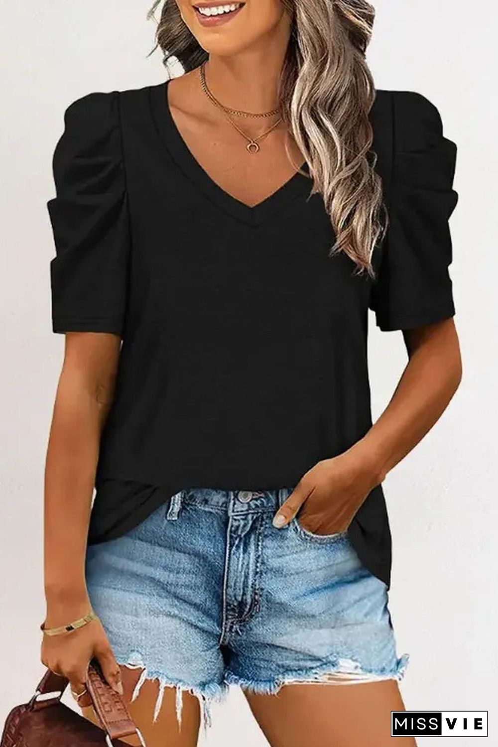 Black Puff Sleeve V-Neck T-Shirt