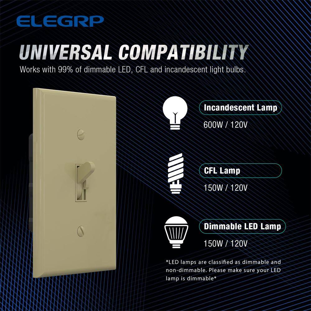 ELEGRP Toggle Dimmer Switch for Dimmable LED CFL and Incandescent Bulbs Single Pole3-Way with Wall Plate Ivory (2-Pack) DM101S-IV2