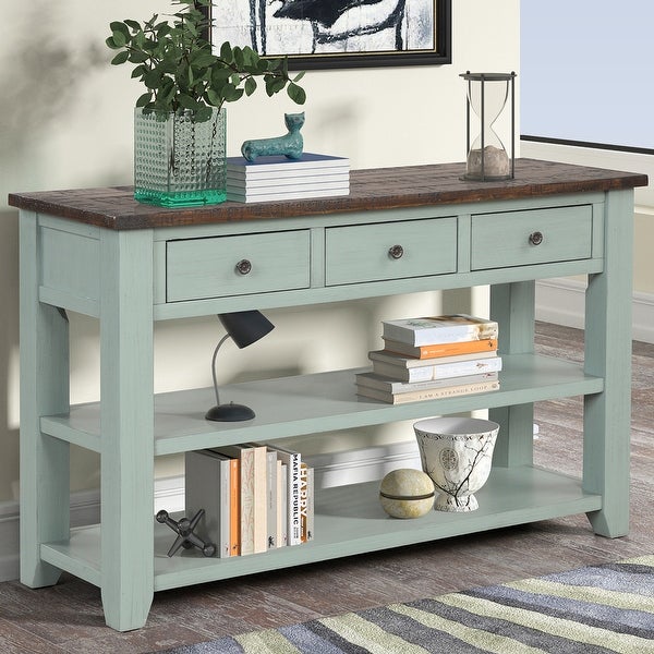 Modern Solid Pine Wood Top Console Table with Drawers and Shelves