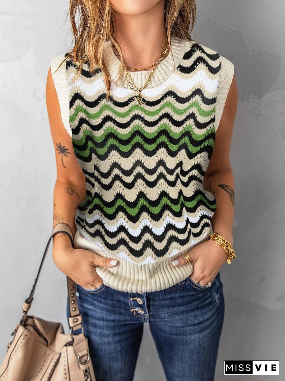 Women'S Tank Tops Wavy Stripe Crewneck Knit Tank Top