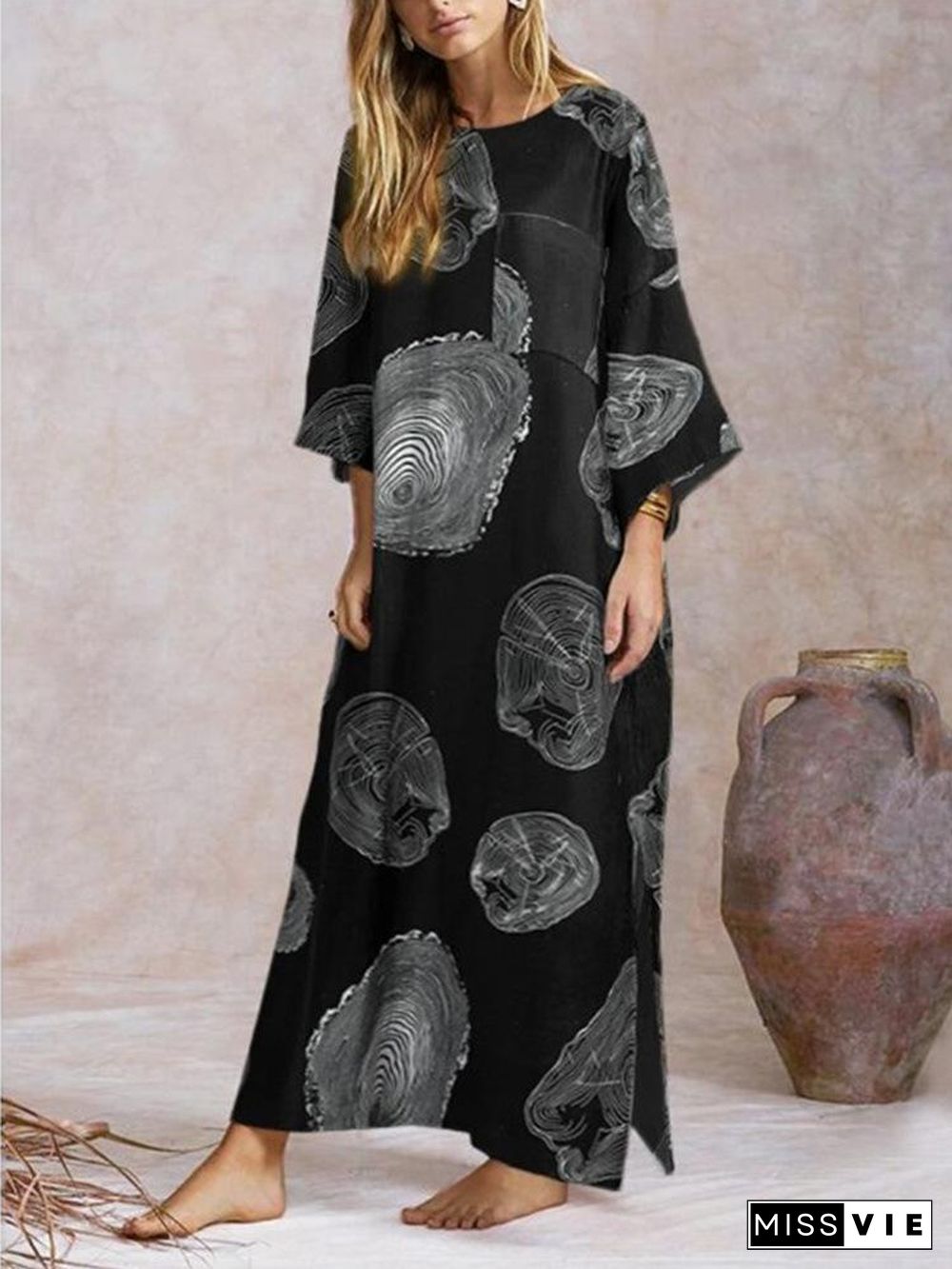 Women Oversized Ethnic Style Round Neck Printed Dress