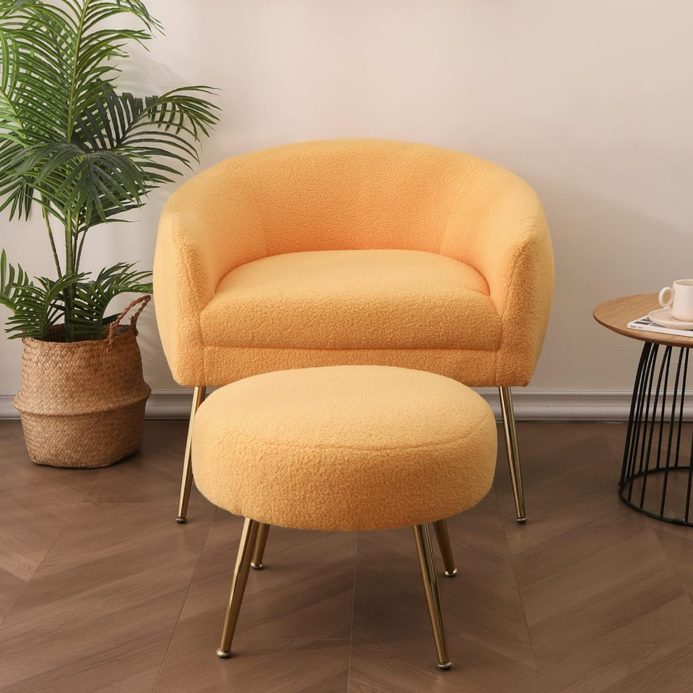 Modern Accent Chair With Ottoman  Golden Legs  ampPlush Teddy Fabric Seat  Yellow   Modern   Armchairs And Accent Chairs   by Decor Love  Houzz