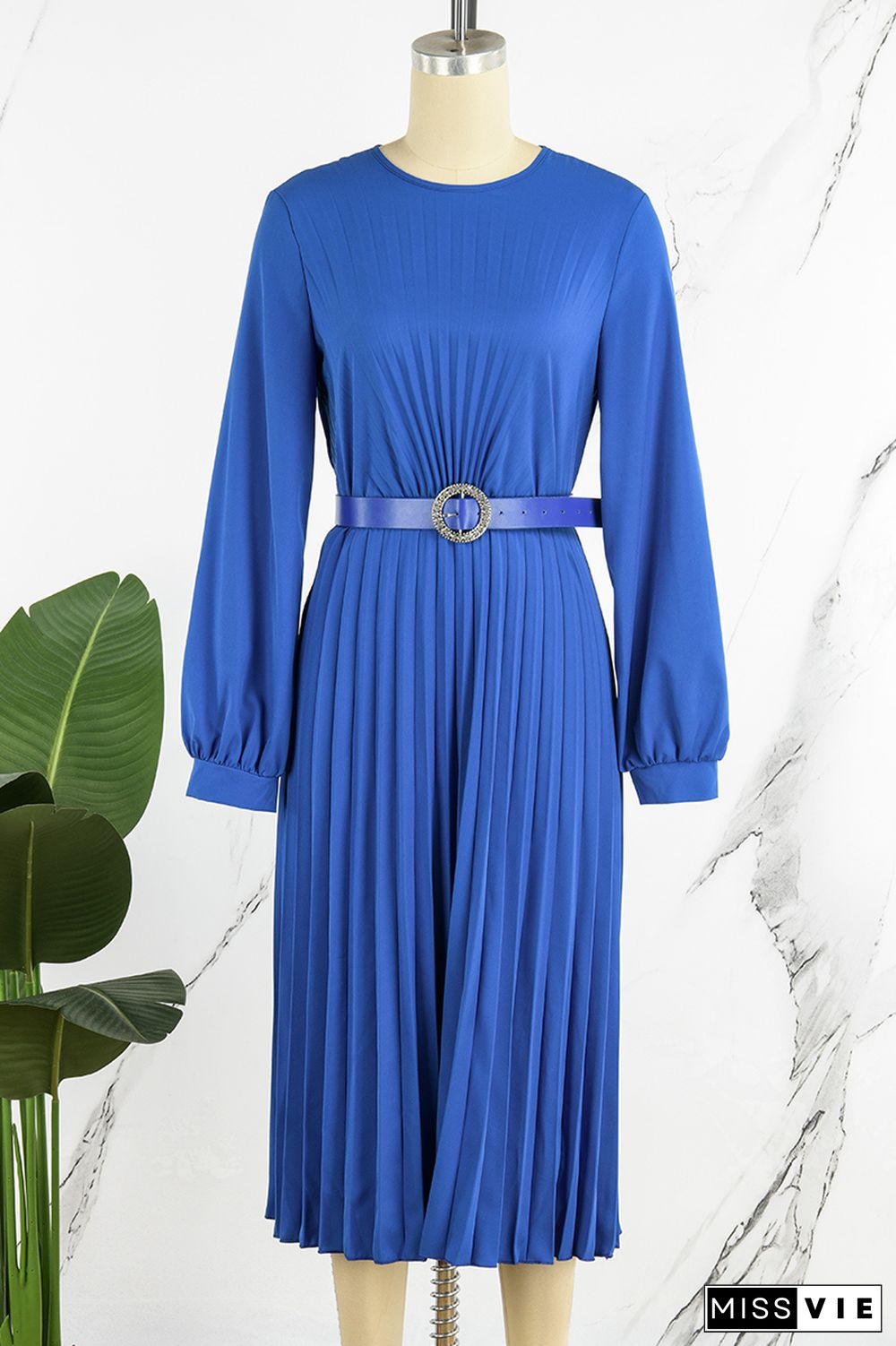 Blue Casual Elegant Solid Patchwork Fold With Belt O Neck Straight Dresses(Contain The Belt)