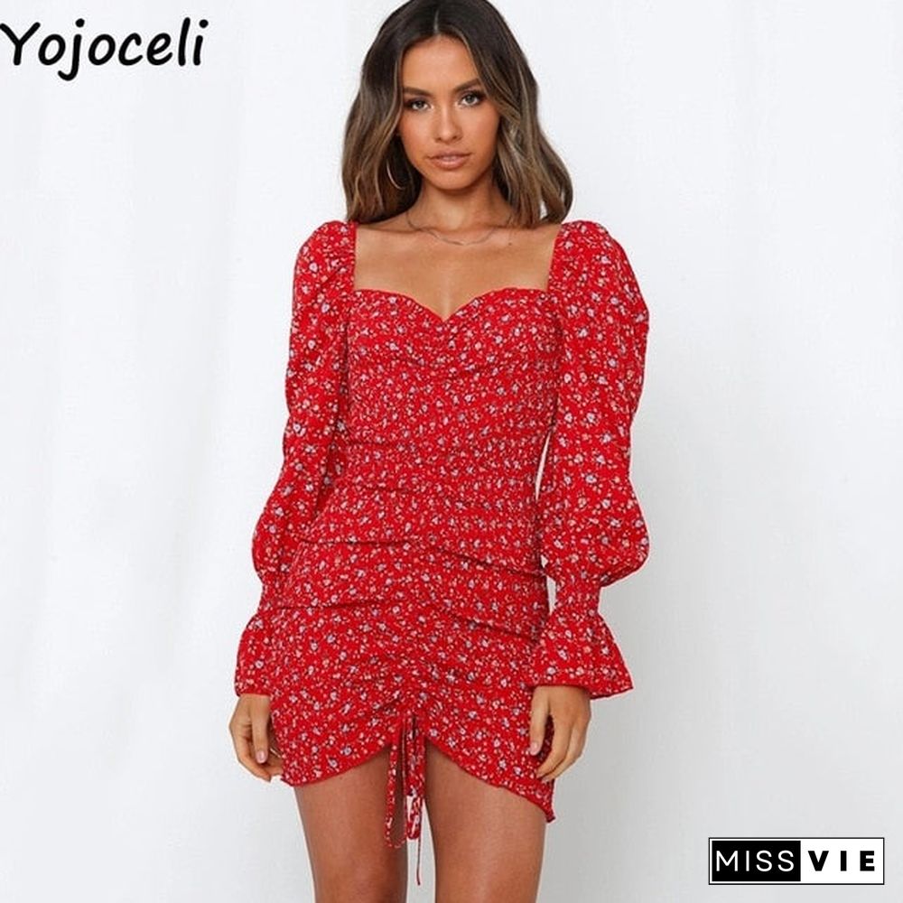 sexy floral print shirred dress women square neck long sleeve slim mini dress chiffon dress