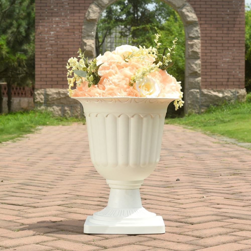 Nuptio 13.8 Inch Urn Planter White Plastic Plant Pot for Spring Decor Set of 2