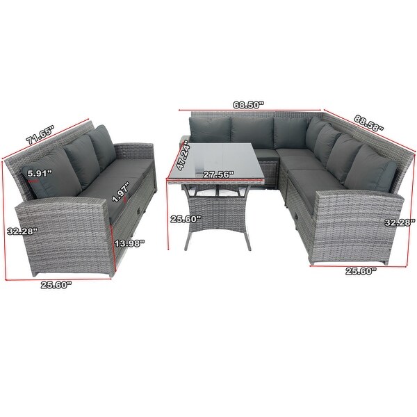 Grey Wicker 5piece Patio Outdoor Conversation Sectional Set with 3 UnderSeat Storage Compartments，Cushions