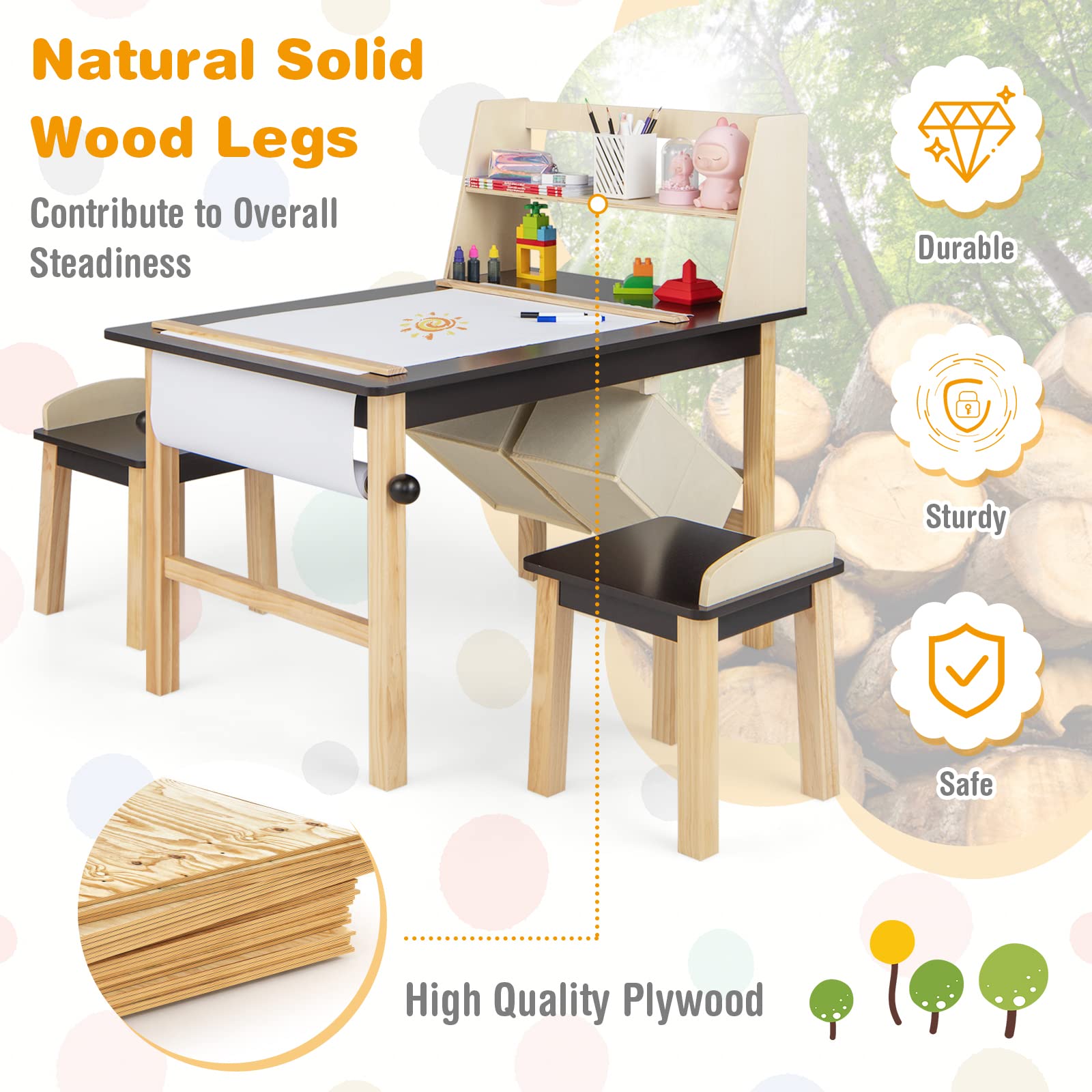 Costzon Kids Art Table and Chair Set, Wooden Drawing Painting Craft Center