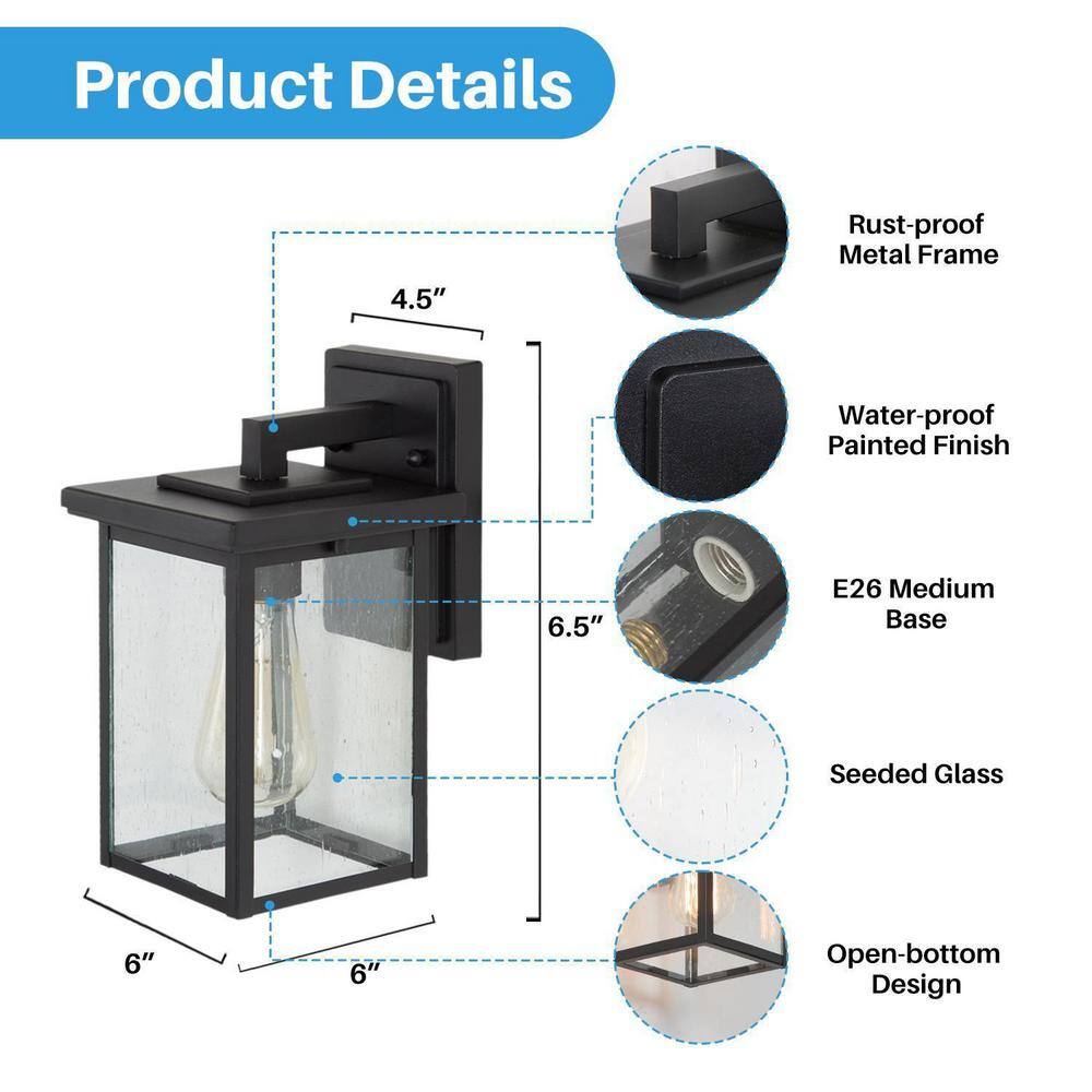 LNC 1-Light Matte Black Modern Outdoor Wall Lantern Sconce with Clear Seeded Glass Shade EYURAJHD1412097