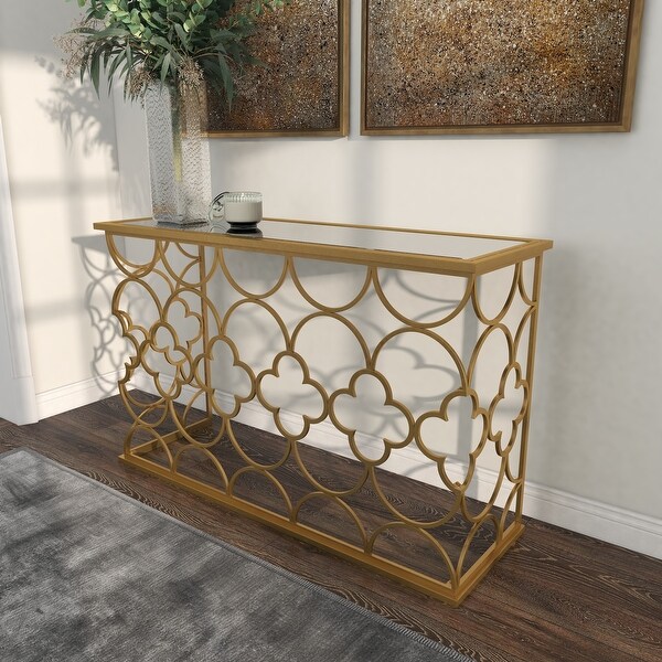 Gold Metal Quatrefoil Design Geometric with Glass Top Accent and Coffee Table Collection