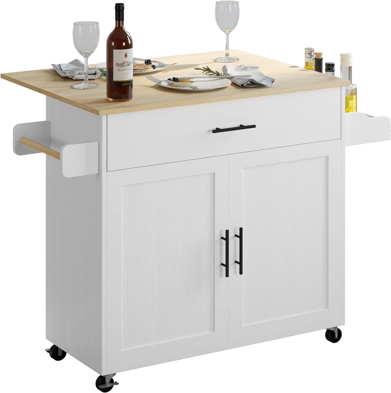 Rolling Kitchen Island Table on Wheels with Drop Leaf and Towel Rack