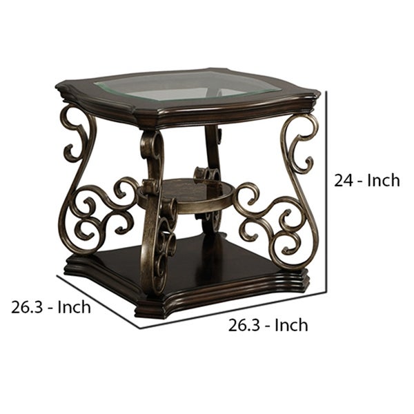 End Table with Glass Top and Scroll Accent， Brown