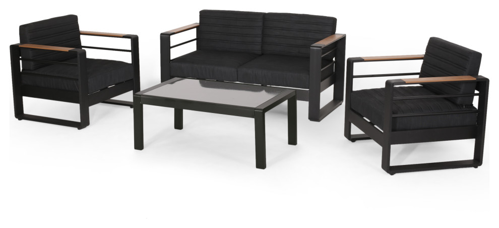 Neffs Outdoor Aluminum 4 Seater Chat Set  Black  Natural  and Gray   Transitional   Outdoor Lounge Sets   by GDFStudio  Houzz