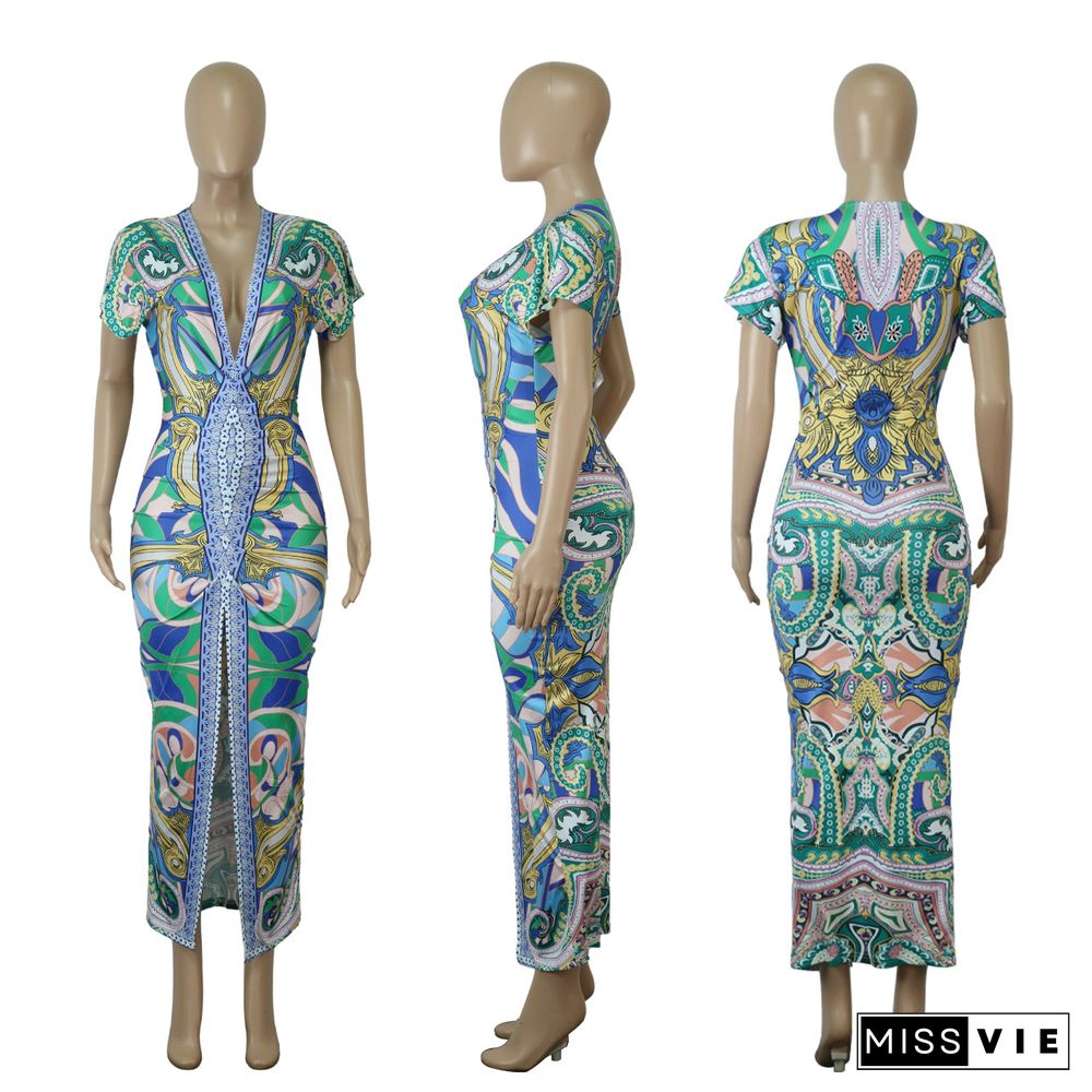 Printed V-neck Ethnic Style Slit Pleated Dress