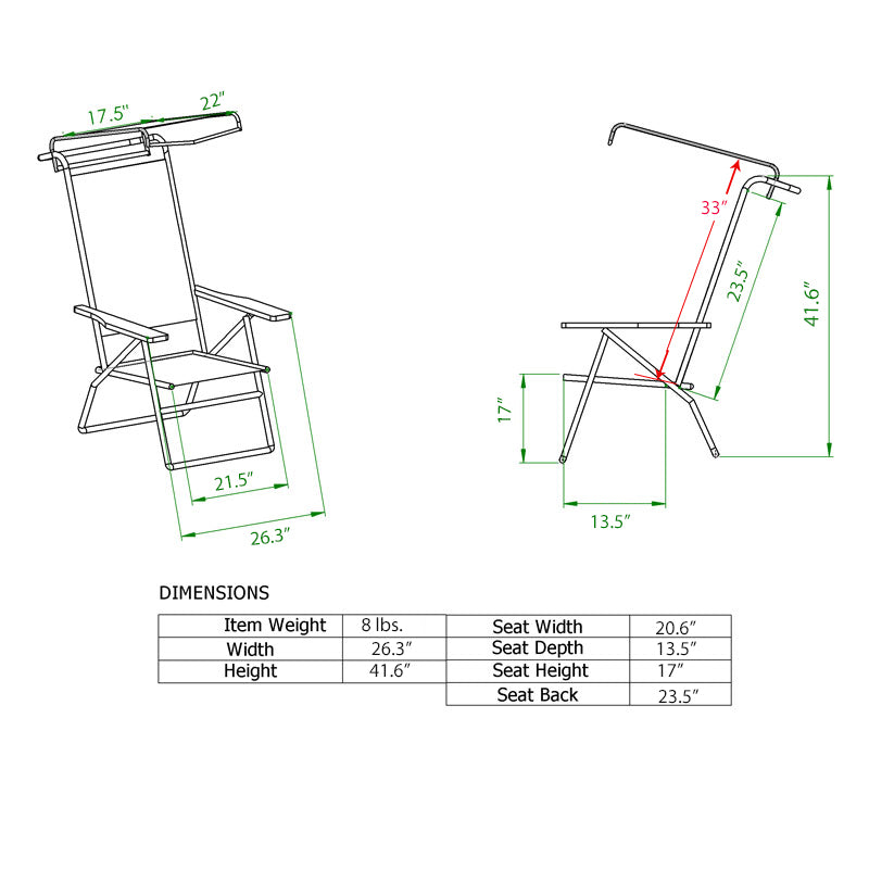 17 Inches High Seat Big Tycoon Aluminum Beach Chair with Canopy