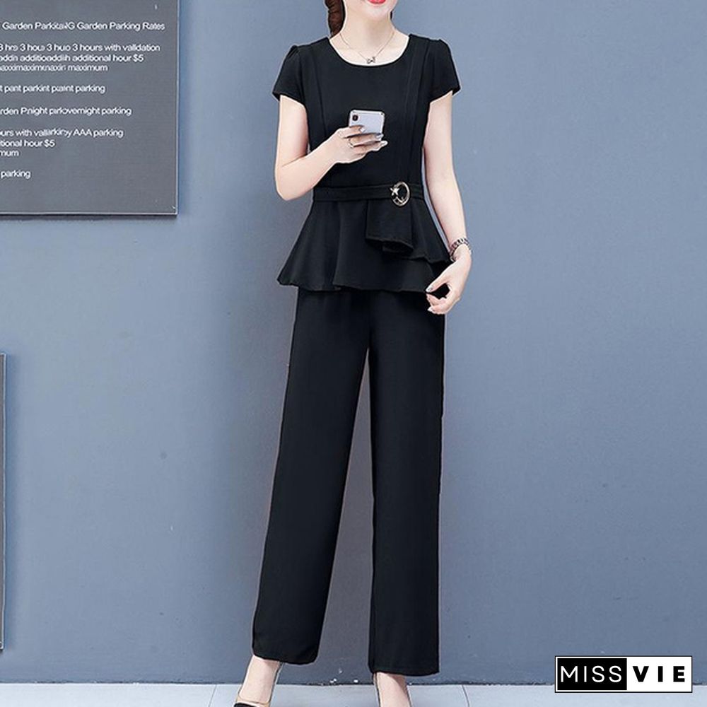 Summer 2 Two Piece Sets Outfits Women Plus Size Short Sleeve Tunics Tops And Pants Suits Office Elegant Korean Sets