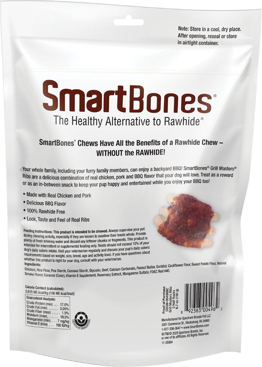 SmartBones Grill Masters Ribs Half Racks Dog Treats， 5 count