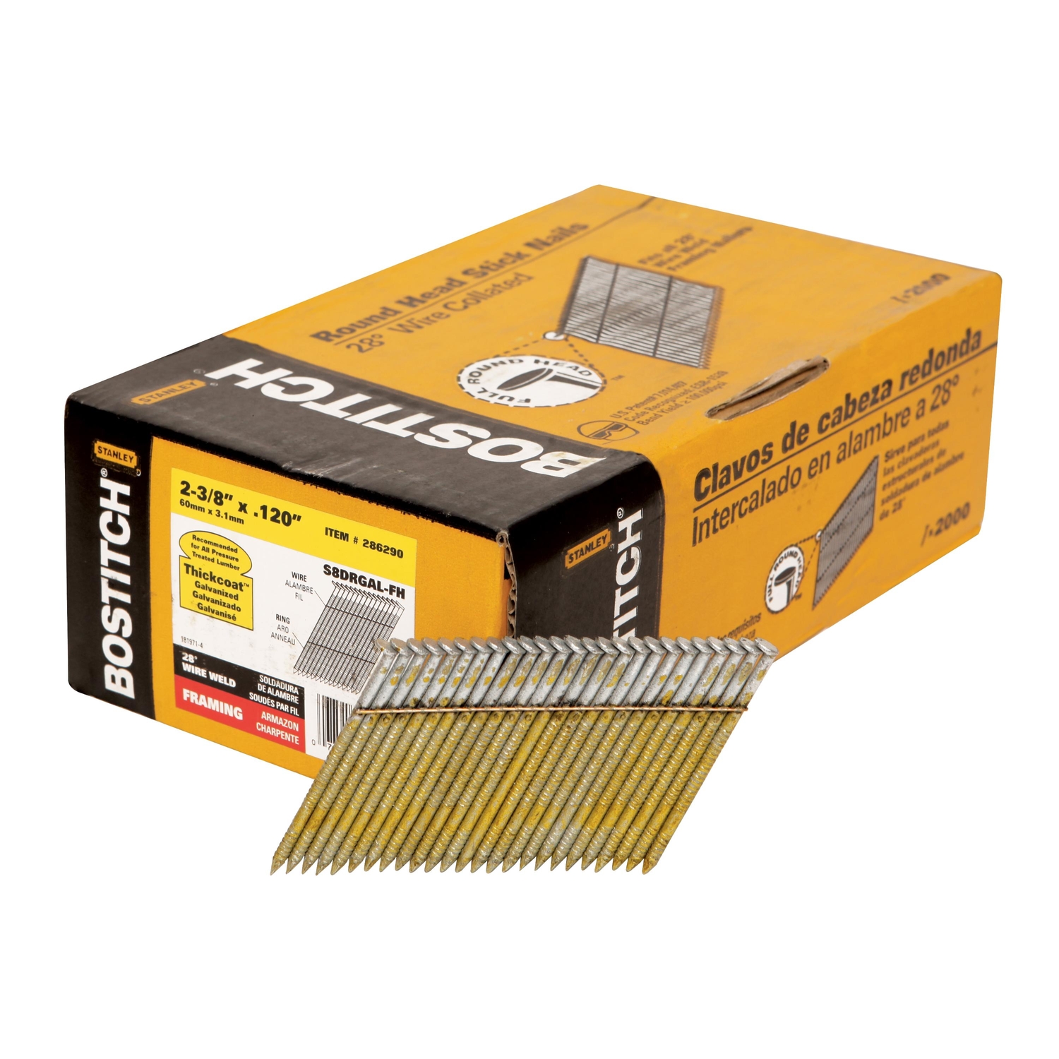 Bostitch 2-3/8 in. 10 Ga. Angled Strip Galvanized Stick Nails 28 deg 2000 pk