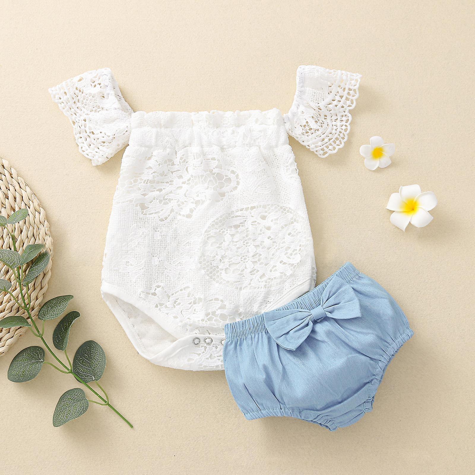 2pcs Summer Fashion Baby Girls Clothes Lace Off Shoulder Romper Denim Pants Sets