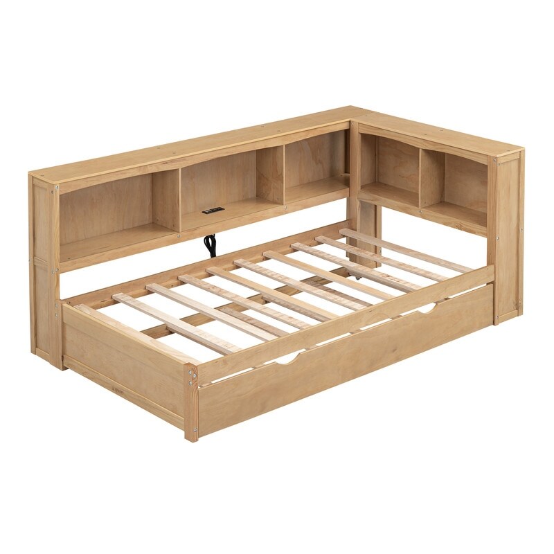 Twin Size Day Bed with Bookcases  Daybed with Trundle USB Ports and 5 Built in Storage Cabinets  Wood