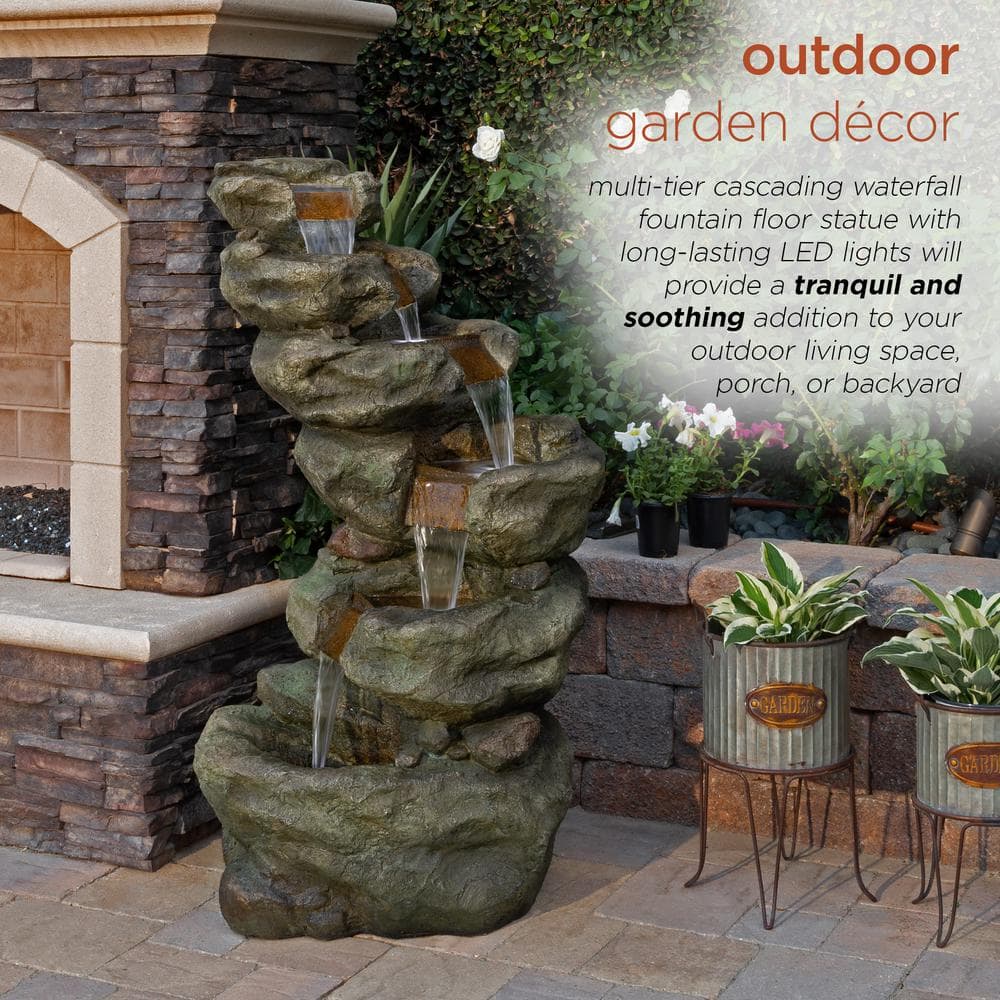 Alpine Corporation 48 in. Tall Outdoor Multi-Tier Pristine Waterfall Fountain with LED Lights TZL106