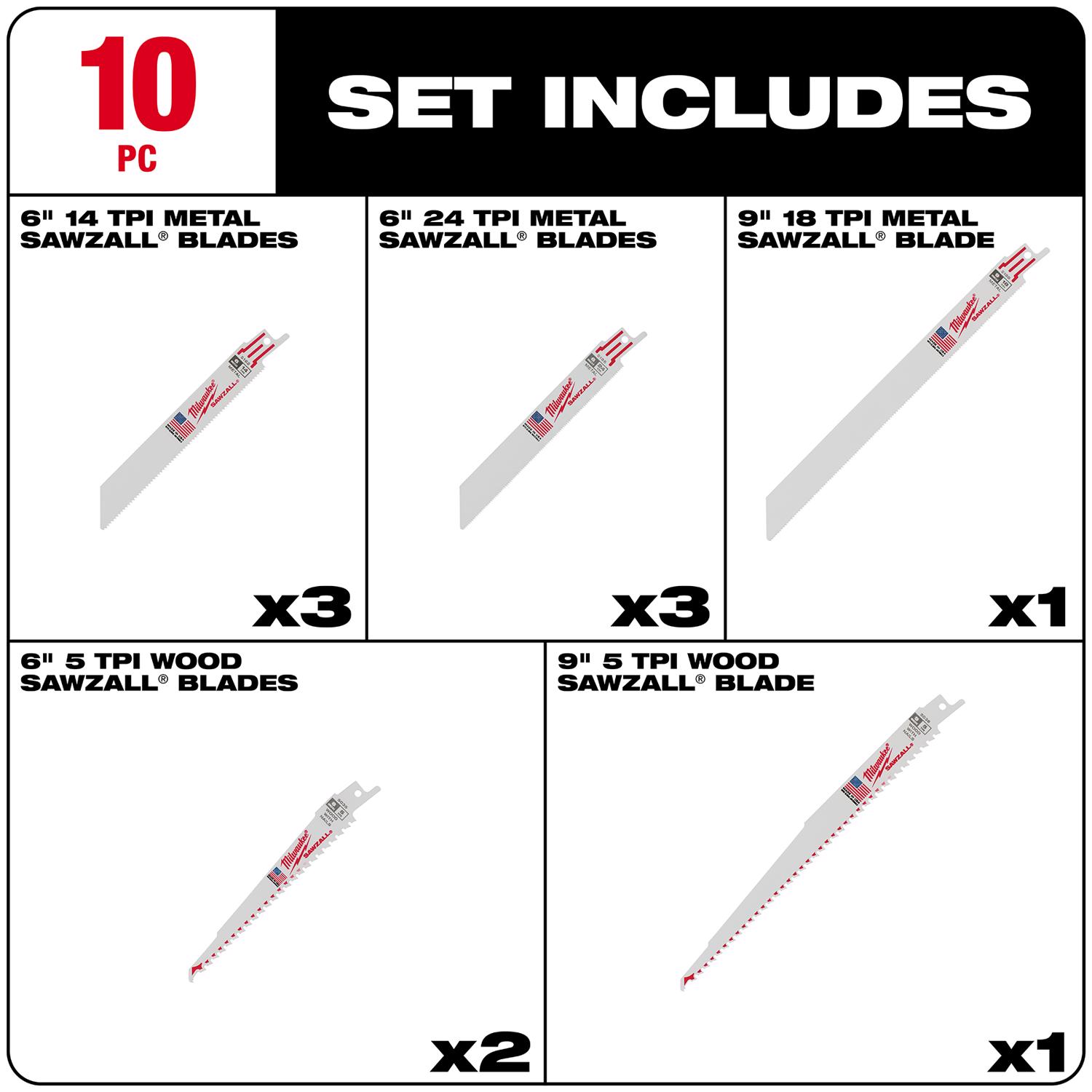 MW Sawzall 6 and 9 in. Bi-Metal Demolition Blade Set Multi TPI 10 pc