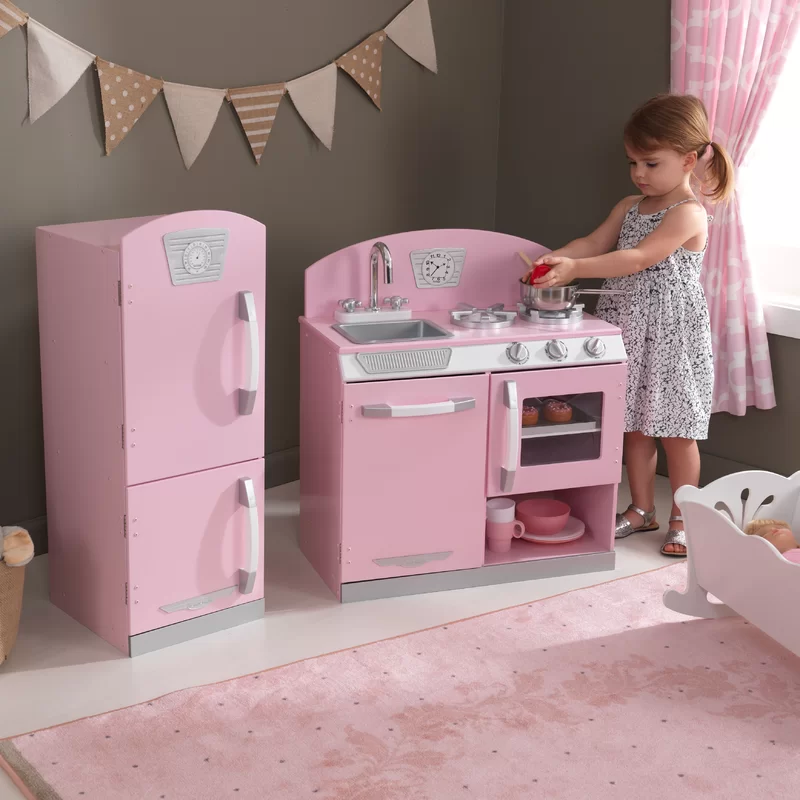 KidKraft Retro Wooden Play Kitchen and Refrigerator 2-Piece Set with Faucet， Sink， Burners and Working Knobs， Pink， Gift for Ages 3+