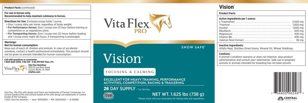 Vita Flex Pro Vision Focusing and Calming Pellets Horse Supplement， 1.625-lb jar