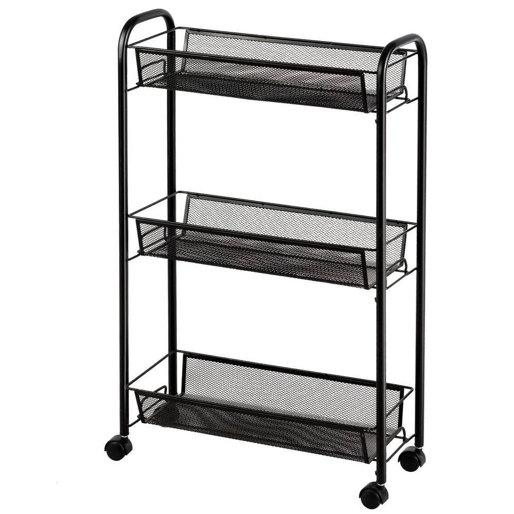 Boyel Living 3-Tier Mesh Rolling Cart Mobile Organizer Stand Utility Cart Trolley in Black HYSN-63143BK