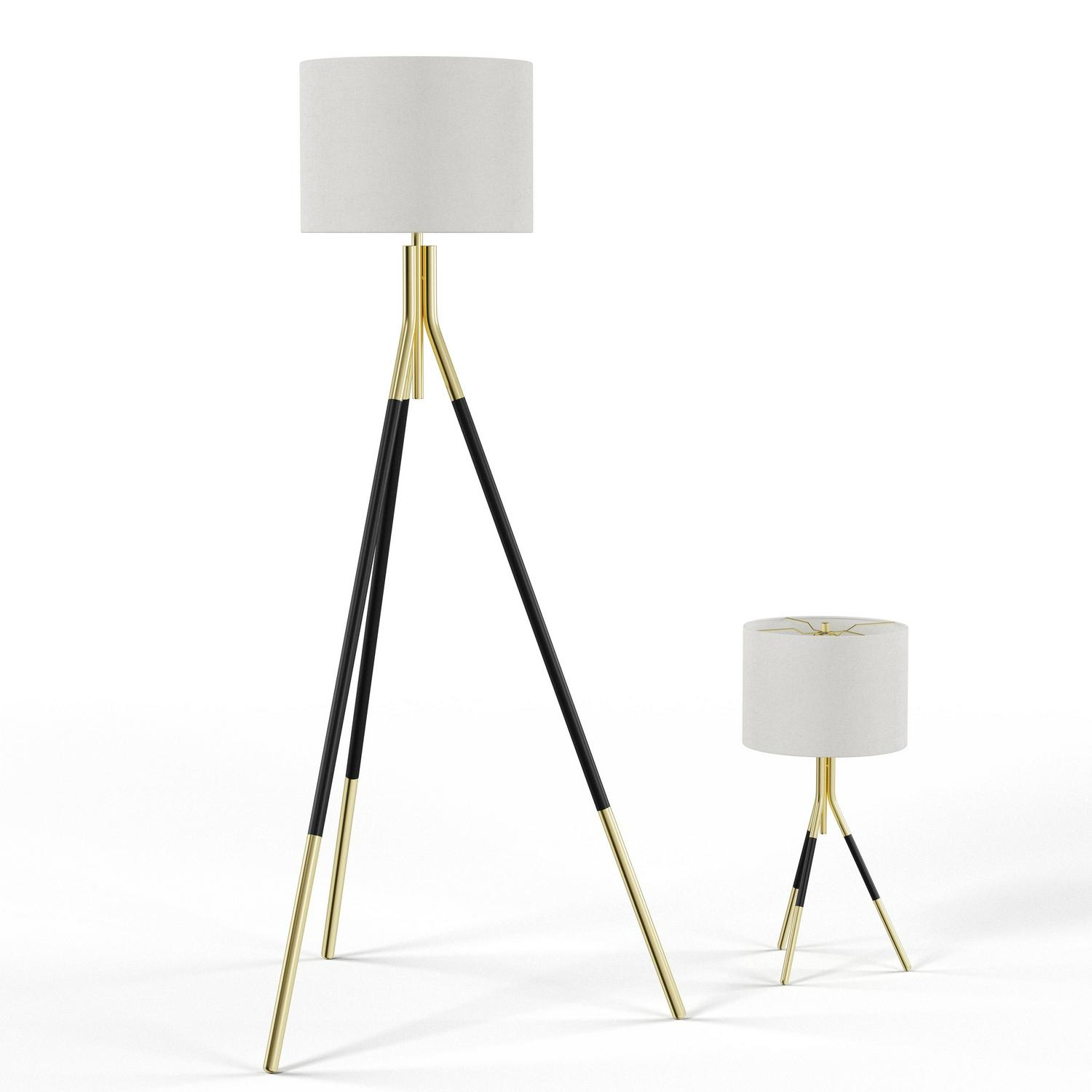 MoDRN Tripod Floor Lamp and Table Lamp Set， Black and Gold