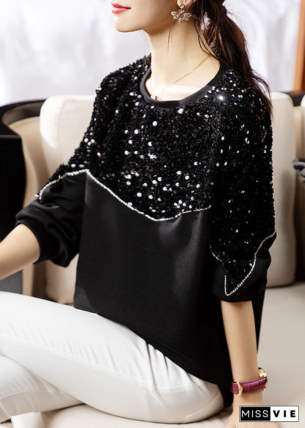 Black Patchwork Loose Cotton Sweatshirt O Neck Long Sleeve